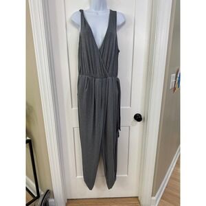 Joyfolie Ribbed‎ Knit Jumpsuit Gray Sleeveless V Neck Tie Waist Casual One Piece